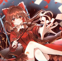 Rule 34 | 1girl, absurdres, ahoge, aiguillette, alternate costume, bare legs, black neckwear, blurry, blurry background, blush, bow, bowtie, breasts, brown hair, brown skirt, buttons, chair, chromatic aberration, closed mouth, commentary, crossed bangs, crossed legs, dutch angle, feet out of frame, foil (fencing), frilled bow, frills, frown, gloves, gohei, hair between eyes, hair bow, hair tubes, hakurei reimu, highres, holding, jacket, kirero, long hair, long sleeves, looking at viewer, medium breasts, open hand, outstretched arm, petals, red bow, red eyes, red jacket, sitting, skirt, solo, striped bow, striped bowtie, striped clothes, striped neckwear, symbol-only commentary, tattoo, thighs, touhou, v-shaped eyebrows, white gloves, yin yang