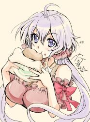 1girl ahoge blush breasts burger cleavage dress eating fast_food food grey_hair hair_between_eyes hair_ornament highres holding holding_burger holding_food kanna_(plum) large_breasts long_hair looking_at_viewer low_twintails off_shoulder open_mouth purple_eyes red_dress senki_zesshou_symphogear simple_background solo twintails very_long_hair white_background white_hair yukine_chris