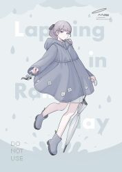 Rule 34 | 1girl, absurdres, black ribbon, blue coat, blue shoes, blunt bangs, boots, character name, closed mouth, closed umbrella, coat, english text, full body, grey background, grey eyes, grey hair, grey nails, grey shoes, hair ribbon, highres, holding, holding umbrella, hood, hood down, hooded coat, hooded jacket, jacket, lapwing (vrchat), long hair, long sleeves, looking at viewer, ponytail, purple hair, raincoat, ribbon, rubber boots, shoes, smile, solo, sorairo no sora, teruterubouzu, text background, umbrella, vrchat, water drop, white umbrella