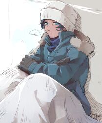 Rule 34 | 1boy, beanie, blanket, blue coat, blue eyes, blue hair, blue sweater, breath, coat, dark-skinned male, dark skin, facial hair, fur-trimmed coat, fur trim, hat, hatching (texture), layered clothes, looking at viewer, male focus, puff of air, scp-073, scp foundation, simple background, solo, stubble, swan (doesu), sweater, sweater under jacket, white background, white hat, winter clothes, winter coat, winter gloves