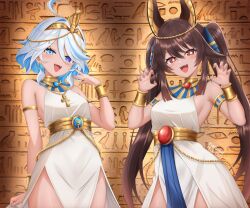 2girls alternate_costume ancient_egyptian ancient_egyptian_clothes blue_hair brown_hair dress drop-shaped_pupils flower-shaped_pupils furina_(genshin_impact) genshin_impact heterochromia highres hu_tao_(genshin_impact) kimiganai1 mismatched_pupils multicolored_hair multiple_girls streaked_hair symbol-shaped_pupils white_dress