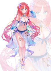 1girl alternate_costume aqua_eyes bare_shoulders bikini blue_gemstone blush breasts cleavage collarbone commentary_request double_bun flower full_body gem genshin_impact hair_bun hair_flower hair_ornament hand_up highres hydro_symbol_(genshin_impact) jewelry kachayori long_hair looking_at_viewer medium_breasts navel nilou_(genshin_impact) outdoors parted_lips red_hair sandals simple_background stomach swimsuit thighlet tree very_long_hair vision_(genshin_impact) water white_background white_bikini zoom_layer