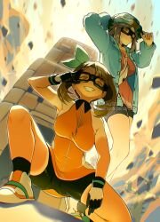 2girls ariekochan baltoy bandana bike_shorts blush breasts brown_eyes brown_hair buttons cacturne closed_mouth coat creatures_(company) eyelashes game_freak gen_3_pokemon gloves goggles green_bandana green_hat green_jacket hat highres jacket large_breasts leaf_(pokemon) leaf_(sygna_suit)_(pokemon) long_hair long_sleeves looking_at_viewer may_(pokemon) multiple_girls nintendo official_alternate_costume open_clothes open_jacket orange_shirt pink_shirt pokemon pokemon_(creature) pokemon_frlg pokemon_rse ralts shirt short_hair shorts sleeveless smile