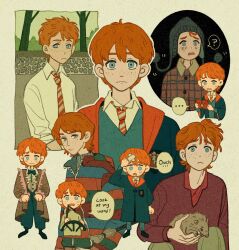 ... 1boy ? black_robe blue_eyes blue_sweater broken_wand brown_jacket brown_shirt collared_shirt crossed_bandaids embarrassed english_text envelope freckles frilled_shirt frills frown full_body furrowed_brow grey_hat hand_on_own_head harry_potter_(series) hat helen_jee highres holding holding_envelope jacket male_focus mouse_(animal) multiple_views necktie parted_lips plaid_clothes plaid_shirt red_hair robe ron_weasley scabbers school_uniform shirt short_hair spoken_ellipsis spoken_question_mark striped_clothes striped_jacket striped_necktie sweatdrop sweater upper_body wavy_mouth white_shirt wizarding_world