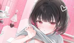 Rule 34 | 1girl, bathroom, black hair, colored inner hair, cropped, drawn heart, grey shirt, highres, indie virtual youtuber, lifting own clothes, multicolored hair, official art, pink eyes, pink hair, pink streaks, pout, rikotan (vtuber), shampoo bottle, shirt, shower (place), umibouzu (niito), virtual youtuber