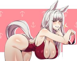Rule 34 | 1girl, animal ears, ass, bent over, breasts, cero rains, cleavage, commentary, competition swimsuit, goggles, gold ship (umamusume), grey hair, highleg, highleg one-piece swimsuit, highres, horse ears, horse girl, horse tail, huge breasts, long hair, one-piece swimsuit, purple eyes, red one-piece swimsuit, swim goggles, swimsuit, symbol-only commentary, tail, umamusume