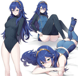 Rule 34 | 1girl, ameno (a meno0), ass, blue eyes, blue hair, blush, brand of the exalt, breasts, clothes pull, fire emblem, fire emblem awakening, fire emblem warriors, gluteal fold, hair between eyes, leotard, long hair, long sleeves, lucina (fire emblem), lying, multiple tails, nintendo, official alternate costume, official underwear, on stomach, panties, pants, pants pull, ribbed leotard, small breasts, tail, the pose, tiara, underwear, white background, white panties