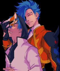 Rule 34 | 2boys, adam (sk8), blue hair, collared shirt, gloves, holding, jacket, karina farek, long sleeves, male focus, mask, multiple boys, necktie, red eyes, shirt, short hair, sk8 the infinity, upper body, white shirt