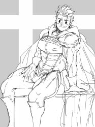 Rule 34 | 1boy, abs, boku no hero academia, boots, cape, commentary request, covered erect nipples, gloves, grey background, hand on own leg, highres, looking at viewer, mabataki, male focus, muscular, muscular male, nipples, pectorals, sitting, smile, swept bangs, togata mirio, tongue, tongue out