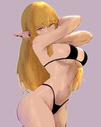 1girl alternate_costume areola_slip bikini black_bikini blonde_hair breasts commentary covered_mouth earclip elf hair_between_eyes highleg highleg_bikini highres large_breasts long_hair looking_at_viewer miregeist navel pointy_ears serie_(sousou_no_frieren) simple_background solo sousou_no_frieren swimsuit yellow_eyes