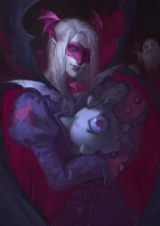 1boy anger_vein art_trade bat_wings black_cape black_gloves borrowed_character cape commentary cowboy_shot creature digimon domino_mask english_commentary fangs gloves head_tilt highres holding holding_creature juliet_sleeves loddrick_(nekromagi) long_sleeves male_focus mask nat_the_lich original pale_skin pink_lips puffy_sleeves red_cape solo two-sided_cape two-sided_fabric vamdemon vampire white_hair wings