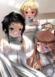 3girls bare_shoulders bed black_hair blonde_hair blue_eyes blush breasts brown_hair collar covered_erect_nipples dress frilled_collar frills frown green_eyes indoors kakeru_(bar_peachpit) long_hair low_twintails lying multiple_girls on_back on_bed open_mouth original parted_lips ponytail red_eyes see-through_clothes see-through_dress sitting sleeveless small_breasts smile standing twintails window
