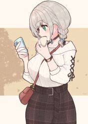 1girl amari_(ama_shiiiiiiba) bag between_breasts black_choker black_tank_top blush braid breasts brown_skirt cellphone choker commentary cowboy_shot cross-laced_clothes cross-laced_sleeves eating food green_eyes grey_hair handbag highres holding holding_food holding_phone hololive jewelry large_breasts long_sleeves looking_at_phone medium_hair off-shoulder_sweater off_shoulder official_alternate_costume official_alternate_hairstyle pendant phone plaid_clothes plaid_skirt ribbed_sweater shirogane_noel shirogane_noel_(casual) side_braid single_braid skirt smartphone snowflake_pendant solo steamed_bun strap_between_breasts sweater tank_top virtual_youtuber watch white_sweater wristwatch