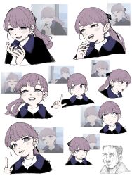 1boy 1girl absurdres bandage_on_nose batta_nj black_ribbon blade_runner_2049 blush brown_hair derivative_work goslingposting_(meme) hair_ribbon half-closed_eyes head_tilt highres index_finger_raised k_(blade_runner_2049) lapwing_(vrchat) laughing looking_at_viewer meme multiple_expressions multiple_views open_mouth pogchamp_(meme) ponytail purple_eyes reference_inset ribbon rolling_eyes ryan_gosling screenshot_inset screenshot_redraw tears teeth vrchat white_background you_look_lonely_(meme)