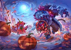 animal_hands autumn_leaves boots candy cape claws deltarune food glasses gloves glowing glowing_eyes jack-o&#039;-lantern kris_(deltarune) leaf moon night noelle_holiday paw_gloves pumpkin ralsei running sans_(undertale) starcat_bloom susie_(deltarune) toriel werewolf_costume