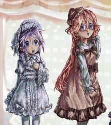 bonnet bow brown_bow brown_dress cheburchela collar dress frilled_dress frills glasses hat heart highres hiiragi_tsukasa lolita_fashion lucky_star mob_cap pink_hair polka_dot polka_dot_background purple_hair smile takara_miyuki thighhighs white_bonnet white_bow white_collar white_dress white_sleeves white_thighhighs