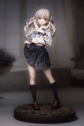 Rule 34 | 1girl, black skirt, black socks, blue bow, blue bowtie, blue sailor collar, blurry, blurry background, bow, bowtie, brown shoes, chinese commentary, clenched hand, closed mouth, clothes lift, commentary request, contrapposto, depth of field, expressionless, figure (medium), figure stage, flower, full body, fuyusaka iori, garage kit (medium), grey eyes, hair flower, hair ornament, hand on own chest, heel up, highres, juusan kihei bouei ken, kneehighs, knees, legs apart, lifting own clothes, light blush, loafers, long hair, long sleeves, looking to the side, midriff peek, miniskirt, photo (medium), pleated skirt, rose, sailor collar, sailor shirt, school uniform, serafuku, shanyuya, shirt, shoes, skirt, skirt lift, socks, solo, standing, unconventional media, wavy hair, white flower, white hair, white rose, white shirt, winter uniform, wonder festival