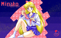 1990s_(style) aino_minako bishoujo_senshi_sailor_moon blonde_hair blue_eyes hair_ribbon inner_senshi long_hair looking_at_viewer pc-98_(style) pixel_art red_ribbon retro_artstyle ribbon sailor_venus school_uniform serafuku socks tongue tongue_out untying vogue white_socks