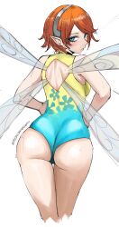 1girl absurdres ass backless_outfit blue_eyes fairy fairy_wings floral_print gallica_(metaphor:_refantazio) hairband highres leotard looking_at_viewer looking_back metal_hairband metaphor:_refantazio multicolored_leotard nero_watch orange_hair patreon_username pointy_ears short_hair silver_hairband sweat wings yellow_leotard