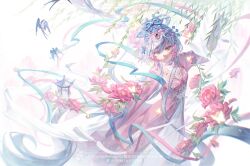 1girl absurdres chinese_clothes chinese_commentary closed_mouth dress flower green_eyes grey_hair hagoromo hair_between_eyes hair_ornament hanfu highres jiuye_mubiao_shi_mai_kao_hongshu leaf long_hair long_sleeves looking_at_viewer luo_tianyi pink_dress pink_flower pink_hanfu shawl sleeves_past_fingers sleeves_past_wrists smile very_long_hair vocaloid vsinger_(vocaloid) white_background