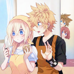 2boys 2girls alternate_costume anoko_(darenokoanoko) apron black_shirt blue_eyes blush brown_hair closed_mouth commentary_request food hair_between_eyes holding holding_food holding_knife indoors kairi_(kingdom_hearts) kingdom_hearts kingdom_hearts_iii knife long_hair looking_at_another multiple_boys multiple_girls namine orange_apron pointy_hair potato profile red_hair roxas shirt short_sleeves sora_(kingdom_hearts) sweatdrop white_shirt yellow_apron