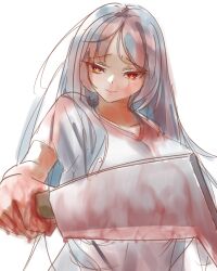1girl blood blood_on_clothes blue_hair cleaver degtyaryov2952 dress enri_louvre grey_dress holding holding_weapon long_hair naraku naraku_1 red_eyes smile solo weapon