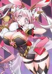 Rule 34 | 1girl, animal ears, black leotard, breasts, cleavage, cowboy shot, donut hair bun, double bun, drill hair, duel monster, hair bun, highres, kamo (riverside kamo), large breasts, leotard, long hair, maliss &lt;p&gt; white rabbit, pink background, pink hair, rabbit ears, rabbit girl, simple background, solo, twin drills, very long hair, yu-gi-oh!