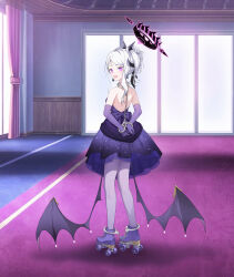 1girl absurdres back black_halo blue_archive bound bound_legs breasts cuffs demon_girl demon_horns demon_wings dress full_body gloves halo handcuffs highres hina_(blue_archive) hina_(dress)_(blue_archive) horns indoors long_hair official_alternate_costume official_alternate_hairstyle okazakileo open_mouth purple_dress purple_eyes purple_gloves restrained roller_skates self_bondage shackles skates small_breasts solo standing tied_up_(nonsexual) white_hair wings
