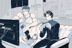 2boys bottle cola contemporary controller couch eating eifilet fire_emblem fire_emblem:_radiant_dawn flat_screen_tv food food_in_mouth game_controller headband holding holding_bottle holding_controller holding_food holding_game_controller holding_pizza ike_(fire_emblem) indoors jacket male_focus monochrome multiple_boys nintendo on_couch pizza pizza_slice playing_games shirt short_hair sitting stuffed_animal stuffed_bird stuffed_toy sword t-shirt television track_jacket twitter_username weapon zelgius_(fire_emblem)