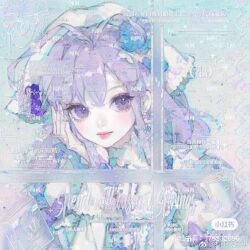 Rule 34 | 1girl, antenna hair, blue background, bow, bug, butterfly, buttons, center frills, chinese commentary, choker, closed mouth, commentary request, commission, dagongren baozai, eyelashes, frilled sleeves, frills, gradient background, hand on own head, headscarf, highres, insect, light blush, light smile, lipstick, long hair, makeup, original, pale skin, pink background, pink lips, puffy short sleeves, puffy sleeves, purple bow, purple eyes, purple hair, sample watermark, shirt, short sleeves, sleeve bow, solo, too many watermarks, upper body, very long hair, watermark, weibo watermark, white choker, white headscarf, white shirt, white wrist cuffs, wrist cuffs, xiaohongshu watermark
