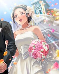 1boy 1girl anegasaki_nene arm_hug bare_shoulders black_suit blue_sky blush bouquet braid braided_bangs breasts bridal_veil bride brown_eyes brown_hair church collarbone cowboy_shot crying crying_with_eyes_open day dress dutch_angle falling_petals flower forehead formal_clothes from_below grabbing_another&#039;s_arm groom hair_flower hair_ornament happy_tears highres holding holding_bouquet husband_and_wife jewelry lens_flare light_rays love_plus mole mole_under_eye necklace official_alternate_hairstyle official_art open_mouth orange_petals outdoors petals pink_flower pink_petals pink_rose ring rose sidelocks sky smile solo_focus suit sunbeam sunlight tears tuxedo veil wedding wedding_dress wedding_ring white_flower white_rose yellow_petals