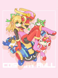 1girl blonde_hair boots cosplay full_body gloves green_eyes hair_ribbon mega_man_(classic) mega_man_(series) mega_man_battle_network_(series) nakayama_tooru no_headwear pink_background ponytail ribbon roll.exe_(mega_man) roll.exe_(mega_man)_(cosplay) roll_(mega_man) rush_(mega_man) sidelocks smile solo