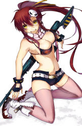 00s 1girl anti-materiel_rifle bad_feet bad_id bad_pixiv_id belt bikini bikini_top_only boots breasts cleavage female_focus fingerless_gloves gloves gun hair_ornament kazutake_hazano kneeling large_breasts legs long_hair looking_at_viewer navel open_mouth pink_thighhighs ponytail red_hair rifle scarf short_shorts shorts sidelocks skull_hair_ornament smile sniper_rifle solo swimsuit teigi tengen_toppa_gurren_lagann thighhighs thighs very_long_hair weapon yellow_eyes yoko_littner zipper