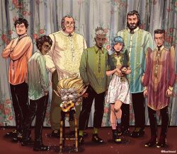 1girl 6+boys arcane:_league_of_legends arcane_vi artist_name baro&#039;t_saya barong_tagalog bastinuod beard benzo_(arcane) black_hair black_pants blue_hair brown_hair brown_pants claggor_(arcane) crossed_arms doll ekko_(alternate_timeline)_(arcane) facial_hair filipino_clothes grey_hair hands_in_pockets heimerdinger highres holding holding_doll jinx_(league_of_legends) league_of_legends long_hair looking_at_viewer multicolored_hair multiple_boys mustache mylo_(arcane) on_stool pants powder_(arcane) scar scar_across_eye scar_on_face silco_(arcane) sitting skirt smile streaked_hair swept_bangs twitter_username vander_(arcane) vi_(league_of_legends) white_skirt