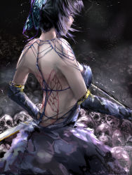1girl backless_dress backless_outfit butterfly_hair_ornament dress elbow_gloves from_behind gloves hair_ornament highres katana kimetsu_no_yaiba kochou_shinobu low-cut pikouros4869 purple_hair skull solo sword weapon
