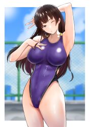 1girl arm_behind_head black_hair blurry blurry_background breasts brown_eyes competition_swimsuit covered_navel hand_up highleg highleg_one-piece_swimsuit large_breasts long_hair looking_at_viewer nobita_(nbnobita) one-piece_swimsuit one_eye_closed original purple_one-piece_swimsuit solo standing swimsuit v very_long_hair