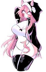 black_jacket blush bow breasts cleavage colored_skin demon_girl demon_horns friday_night_funkin&#039; highres hood horns jacket large_breasts leotard long_hair looking_at_viewer multicolored_skin open_clothes open_jacket pink_hair pink_skin sarvente_(friday_night_funkin&#039;) smile thick_thighs thighhighs thighs usa37107692 white_eyes white_skin wide_hips