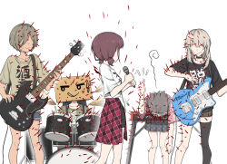 5girls anglediana awa_subaru bass_guitar black_choker black_shorts black_thighhighs blue_shorts box box_on_head brown_hair brown_shirt brown_shorts cardboard_box choker closed_mouth commentary_request drum drum_set ebizuka_tomo electric_guitar fender_jazzmaster gibson_sg_(bass) girls_band_cry grey_hair grey_skirt guitar hair_between_eyes half-skirt highres holding holding_microphone instrument iseri_nina kawaragi_momoka keyboard_(instrument) long_hair long_hair_between_eyes low_twintails microphone multicolored_hair multiple_girls pinky_out plaid_clothes plaid_shorts plaid_skirt red_skirt roots_(hair) rupa_(girls_band_cry) shikai_no_sumi_kuchiru_oto shirt short_hair short_sleeves short_twintails shorts shorts_under_skirt simple_background single_thighhigh skirt sweatdrop thighhighs thorns togenashi_togeari translation_request trembling twintails wavy_mouth white_background white_shirt
