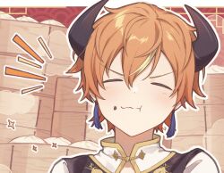 1boy blonde_hair chewing closed_eyes commentary_request double-parted_bangs earrings food food_on_face hair_between_eyes highres horns jewelry male_focus mammun_728 mandarin_collar multicolored_hair official_alternate_costume orange_hair piercing project_sekai shinonome_akito solo sparkle steamed_bun streaked_hair upper_body