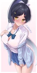 1girl absurdres black_hair blue_bow blue_bowtie blue_cardigan blue_nails blue_skirt blush border bow bowtie breasts button_gap cardigan cleavage closed_mouth collared_shirt commentary dress_shirt hair_ornament hairclip hand_on_own_chest hazuki_ren highres large_breasts long_hair love_live! love_live!_superstar!! nail_polish open_cardigan open_clothes outside_border pleated_skirt ponytail rikka006 shirt skirt solo sweatdrop very_long_hair white_border white_shirt yellow_eyes