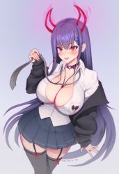 1girl akuma_nihmune akuma_nihmune_(1st_costume) artist_name between_breasts black_jacket black_thighhighs blue_skirt brassica breasts choker cleavage commentary english_commentary fake_horns garter_straps gold_necklace hair_ornament heart heart-shaped_pupils heart_choker highres horns indie_virtual_youtuber jacket jewelry large_breasts long_hair looking_at_viewer mole necklace necktie off_shoulder open_mouth purple_hair red_choker red_eyes red_necktie shirt skirt symbol-shaped_pupils tail thighhighs virtual_youtuber white_shirt