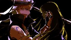 1boy 1other black_background blonde_hair enkidu_(fate) fate/grand_order fate_(series) gilgamesh gilgamesh_(caster)_(fate) gilgamesh_(fate) green_hair long_hair pixel_art profile simple_background turban upper_body yammu