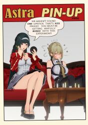Rule 34 | 2girls, astra yao, black hair, blonde hair, blush, breasts, commentary, cosmetics, evelyn chevalier, highres, holding, holding lipstick tube, large breasts, lipstick, lipstick mark, lipstick mark on face, lipstick tube, long hair, makeup, multiple girls, open mouth, parted lips, shinshogun, sitting, symbol-only commentary, yuri, zenless zone zero