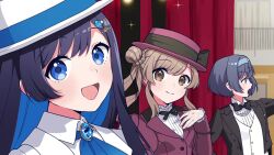 3girls :d ascot asymmetrical_sidelocks binchou_maguro black_bow black_bowtie black_jacket blue_ascot blue_eyes blue_hair blue_hairband bow bowtie brown_eyes brown_hair cevio closed_mouth collared_shirt colored_inner_hair curtains futaba_minato grey_hair hair_bun hairband hat hat_bow jacket long_hair long_sleeves looking_at_viewer multicolored_hair multiple_girls open_clothes open_jacket open_mouth red_hat red_jacket satou_sasara shirt short_hair smile stage_curtains suzuki_tsudumi upper_body white_hat white_shirt