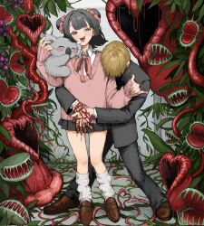 Rule 34 | 1boy, 1girl, animal, animal on shoulder, arms around waist, black hair, blonde hair, blood, blood on hands, blush, bound, bound wrists, cardigan, carnivorous plant, collared shirt, commission, covered face, double bun, fangs, foliage, gakudayo, gakuran, green eyes, hair bun, hair intakes, half-closed eyes, highres, holding, holding animal, horror (theme), koala, leaning on person, loafers, looking to the side, loose socks, medium hair, miniskirt, nail polish, neck ribbon, open mouth, original, pants, pink nails, pinky out, plant, pleated skirt, ribbon, school uniform, shirt, shoes, short hair, skeb commission, skirt, smile, socks, string, string around finger, string of fate, tongue, venus flytrap
