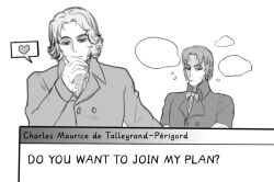 2boys dialogue_box english_text formal_clothes grey_suit greyscale hand_on_own_chin lapels looking_down monochrome multiple_boys napoleonic_wars simple_background speech_bubble suit thought_bubble upper_body white_background white_hair