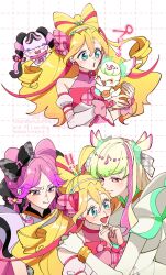 3girls angry bare_shoulders black_gloves black_hair blonde_hair blue_eyes blunt_bangs blush bracelet braid choker cure_idol cure_kiss cure_zukyuun curled_horns curled_up curly_hair dress earrings elbow_gloves facing_to_the_side feelthehadou fortissimo frilled_dress frilled_sleeves frills from_side gloves green_hair grid_background hair_extensions hair_ornament hair_ribbon hair_wings headband heart heart_earrings highres holding holding_stuffed_toy horns hug hug_from_side jealous jewelry kimi_to_idol_precure long_hair looking_down looking_up meroron_(precure) multiple_earrings multiple_girls musical_note musical_note_hair_ornament open_mouth parted_bangs pink_hair precure purirun_(precure) purple_eyes red_eyes ribbon ribbon-trimmed_headwear ribbon_choker ribbon_hair ribbon_trim sakura_uta_(precure) sideways sideways_glance stuffed_toy surprised twin_braids twintails very_long_hair watermark white_gloves wing_hair_ornament wrist_cuffs