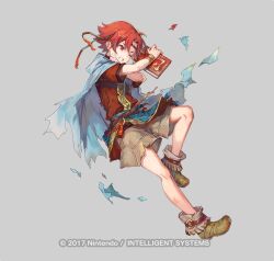 Rule 34 | 1boy, azu-taro, belt, book, boots, bracelet, cape, circlet, ewan (fire emblem), fire emblem, fire emblem: the sacred stones, fire emblem heroes, full body, grey background, jewelry, male focus, nintendo, official art, one eye closed, red eyes, red hair, solo, teeth, torn clothes
