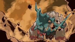 Rule 34 | animal focus, blacknirrow, debris, dust, full body, glowing, glowing eyes, highres, nintendo, no humans, outline, pokemon, pokemon (creature), pokemon focus, red eyes, solo, stomping, ting-lu (pokemon), v-shaped eyes, white outline