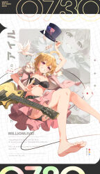 1girl absurdres ahoge bare_legs barefoot bird black_tube_top blonde_hair blush breasts card cleavage commentary_request dated electric_guitar fur-trimmed_jacket fur_trim guitar hair_flaps happy_birthday hat highres holding holding_plectrum holding_unworn_clothes holding_unworn_hat ibuki_tsubasa idolmaster idolmaster_million_live! instrument jacket looking_at_viewer medium_breasts pigeon pink_jacket pink_skirt playing_card plectrum short_hair skirt smile soles solo strapless toes tube_top underboob unworn_hat unworn_headwear yoshito